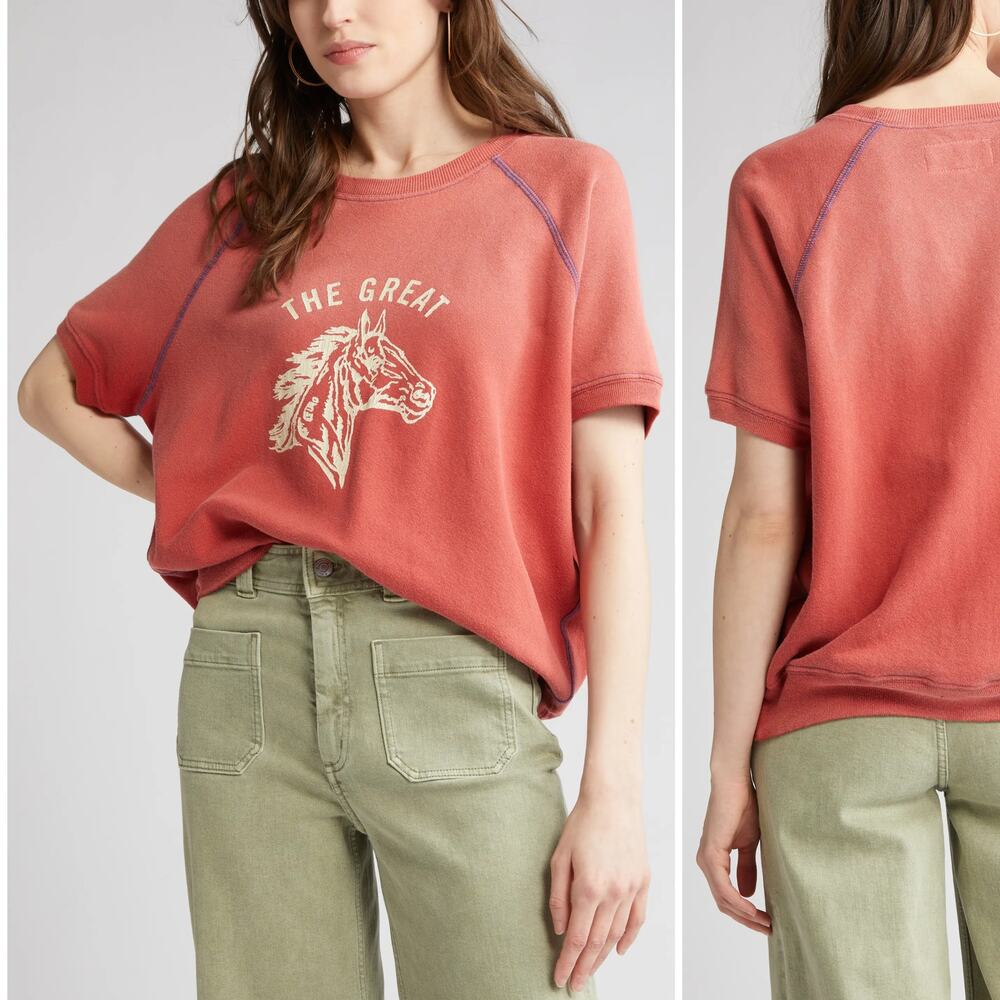 The GREAT. Bronco Short Sleeve Cotton Graphic Sweatshirt double wash red 1